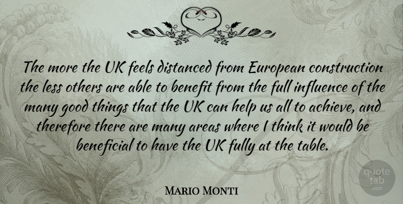 Mario Monti Quote About Areas, Beneficial, Benefit, European, Feels: The More The Uk Feels...