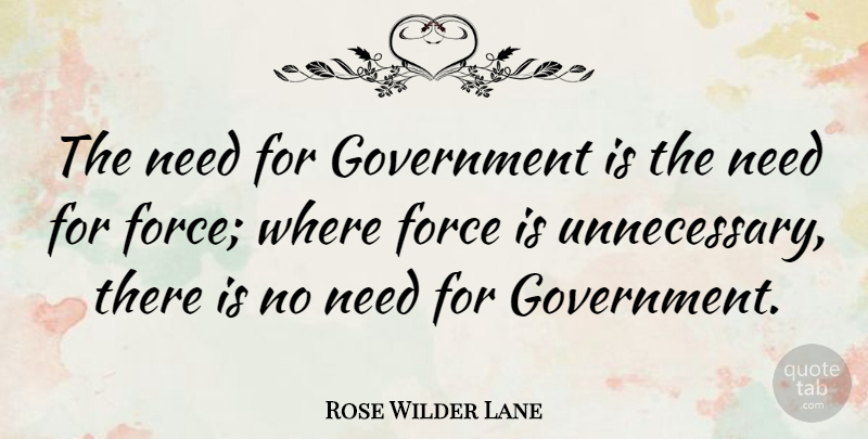 Rose Wilder Lane Quote About Government, Needs, Unnecessary: The Need For Government Is...
