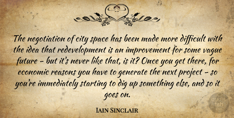 Iain Sinclair Quote About Difficult, Dig, Economic, Future, Generate: The Negotiation Of City Space...