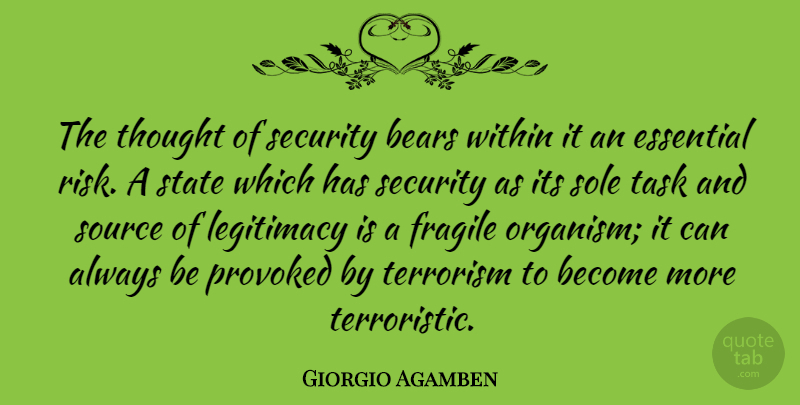 Giorgio Agamben Quote About Bears, Essential, Fragile, Legitimacy, Sole: The Thought Of Security Bears...