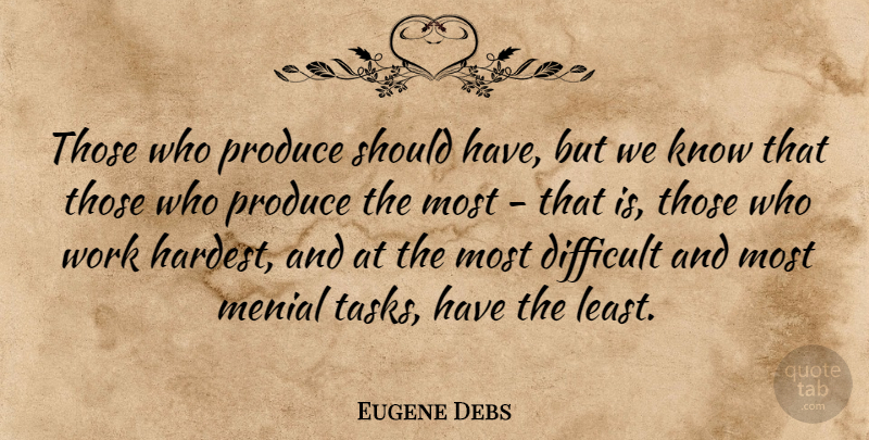 Eugene Debs Quote About Difficult, Menial, Produce, Work: Those Who Produce Should Have...