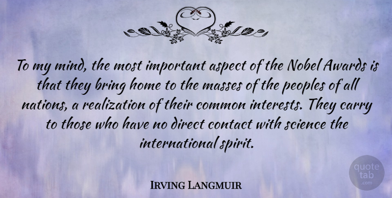 Irving Langmuir Quote About Home, Awards, Mind: To My Mind The Most...