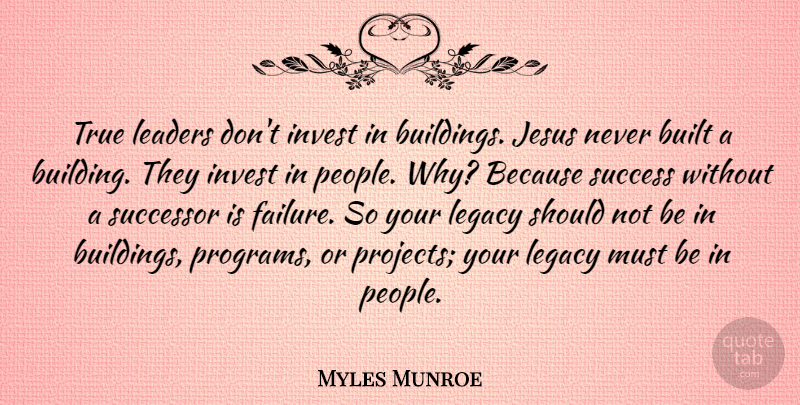 Myles Munroe Quote About Built, Failure, Invest, Jesus, Leaders: True Leaders Dont Invest In...