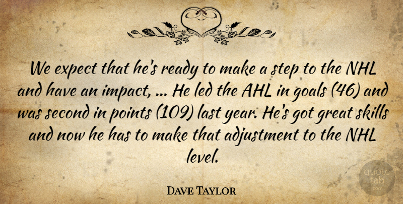 Dave Taylor Quote About Adjustment, Expect, Goals, Great, Last: We Expect That Hes Ready...