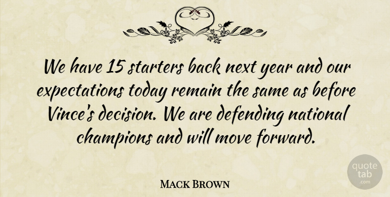 Mack Brown Quote About Champions, Defending, Move, National, Next: We Have 15 Starters Back...