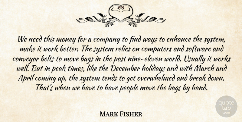 Mark Fisher Quote About April, Bags, Belts, Break, Coming: We Need This Money For...
