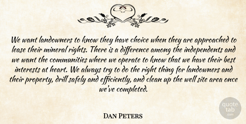 Dan Peters Quote About Among, Area, Best, Choice, Clean: We Want Landowners To Know...