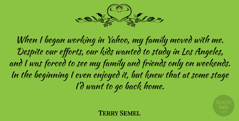 Terry Semel Quote About Began, Despite, Enjoyed, Family, Forced: When I Began Working In...