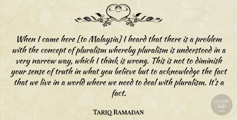 Tariq Ramadan Quote About Believe, Thinking, Pluralism Is: When I Came Here To...