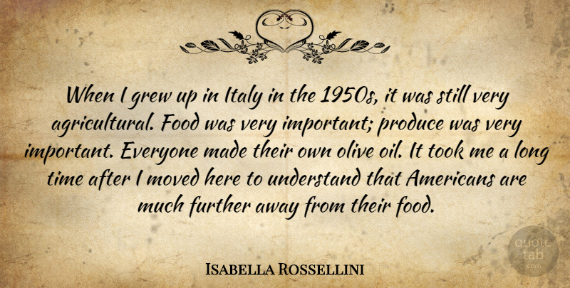Isabella Rossellini Quote About Food, Further, Grew, Italy, Moved: When I Grew Up In...