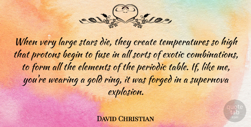 David Christian Quote About Begin, Elements, Exotic, Forged, Form: When Very Large Stars Die...