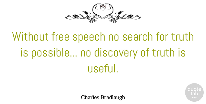 Charles Bradlaugh Quote About Discovery, Freedom Of Speech, Censorship In Books: Without Free Speech No Search...